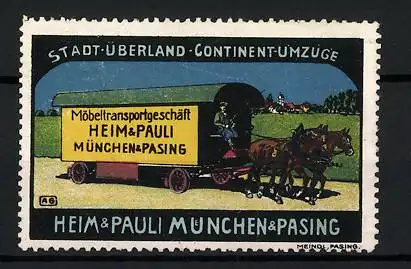 Reklamemarke Stadt-Überland-Continent-Umzüge, Möbeltransportgeschäft Heim & Pauli, München-Pasing, Pferdetransporter