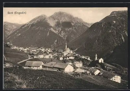AK Sent (Engadin), Ortsansicht von einem Berg aus
