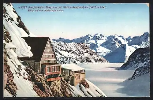 AK Jungfraubahn, Berghaus und Station Jungfraujoch, Blick auf den Aletsch-Gletscher