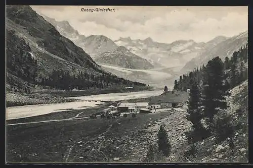 AK Blick über Berghütten zum Roseg-Gletscher