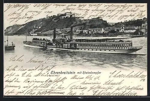 AK Koblenz, Festung Ehrenbreitstein mit Rheindampfer