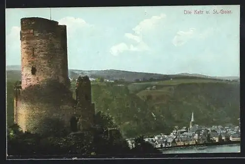 AK St. Goar, Blick zur Burg Katz am Rhein
