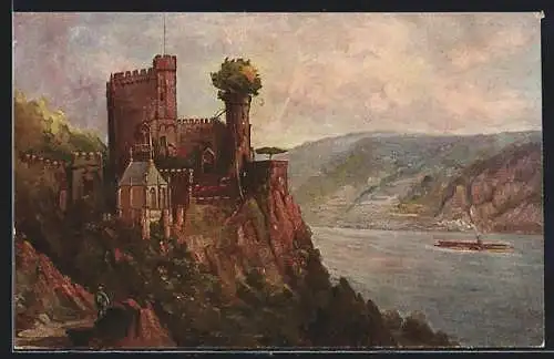 Künstler-AK Trechtingshausen, Blick zum Schloss Rheinstein