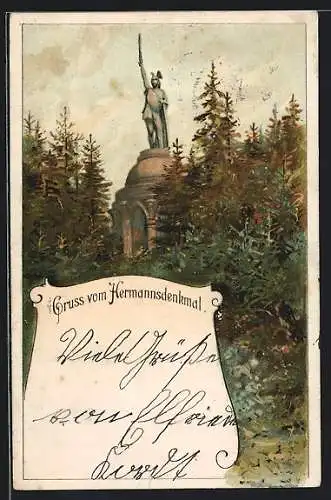 Lithographie Porta Westfalica, Hermannsdenkmal um 1900