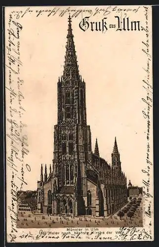 Lithographie Ulm, Das Münster, höchste Kirche der Welt