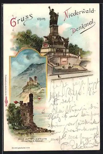 Lithographie Niederwald-Denkmal, Blick auf Mäusethurm, Ehrenfels & Rössel