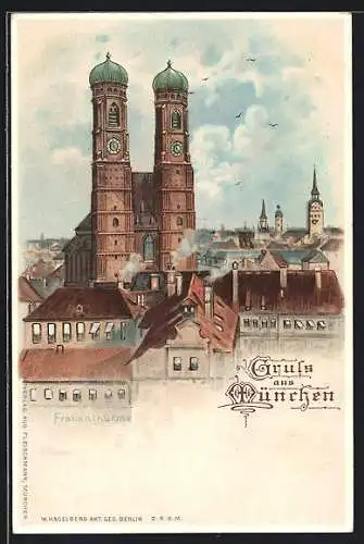 Lithographie München, Blick über die Dächer der Ortschaft mit Frauenthürmen