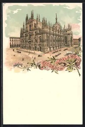 Lithographie Milano, Pferdebahnen vor dem Dom