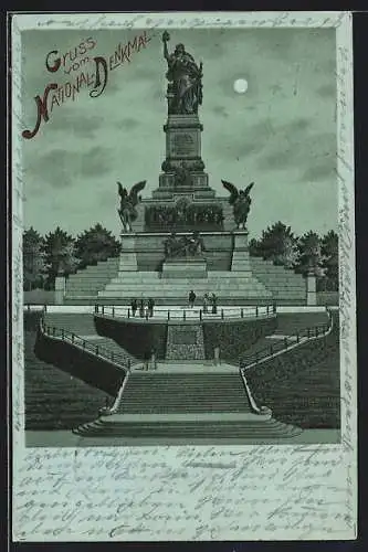 Lithographie Niederwald, National-Denkmal mit Besuchern
