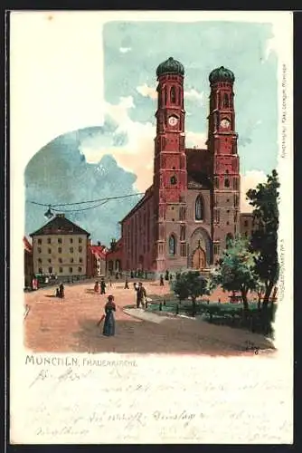 Lithographie München, Strassenpartie an der Frauenkirche