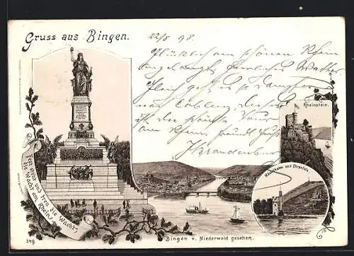 Lithographie Bingen, Ortsansicht v. Niederwald gesehen, Rheinstein, Mäuseturm u. Ehrenfels
