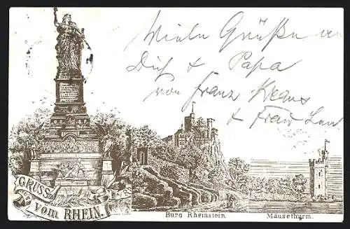 Lithographie Niederwald, National-Denkmal mit Burg Rheinstein und Mäuseturm