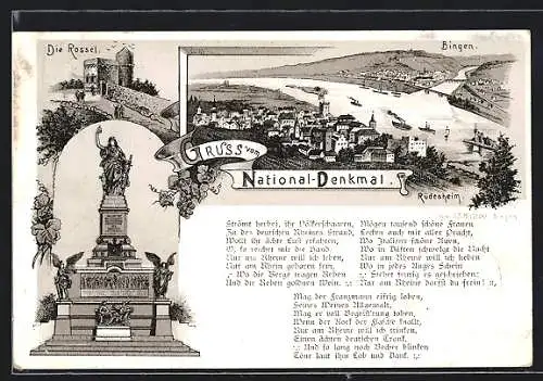 Lithographie Rüdesheim am Rhein, Die Rossel, Ortsansichten Bingen & Rüdesheim