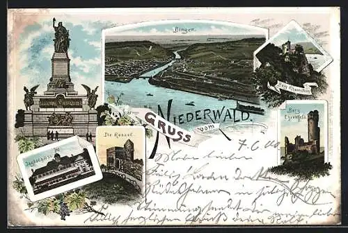 Lithographie Rüdesheim am Rhein, Niederwald, Jagschloss, Burg Ehrenfels, Burg Rheinstein, Die Rossel, Bingen