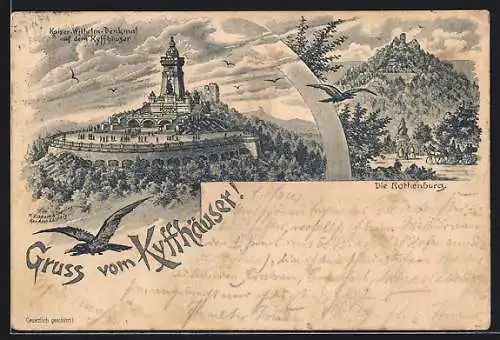 Lithographie Kyffhäuser, Totalansicht des Kaiser Wilhelm Denkmal, Blick auf die Rothenburg