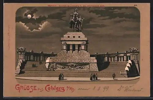 Lithographie Koblenz a. Rh., Denkmal Kaiser Wilhelms I. am Deutschen Eck