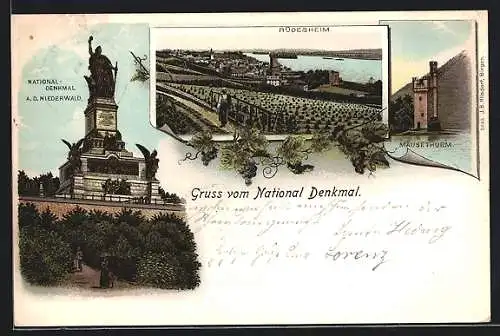 Lithographie Rüdesheim, Panorama mit Niederwald-Denkmal
