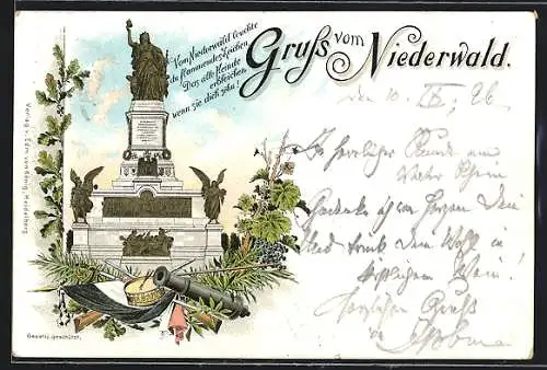 Lithographie National-Denkmal auf dem Niederwald