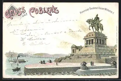 Lithographie Coblenz, Provinzial Denkmal Kaiser Wilhelm I.