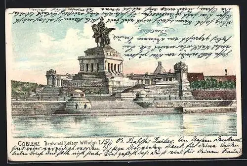 Lithographie Coblenz, Denkmal Kaiser Wilhelm I.