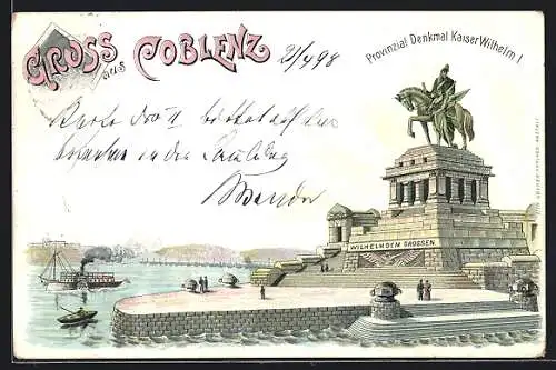 Lithographie Coblenz, Provinzial Denkmal Kaiser Wilhelm I.