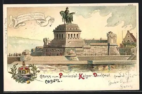 Lithographie Coblenz, Provinzial-Kaiser-Denkmal am Deutschen Eck