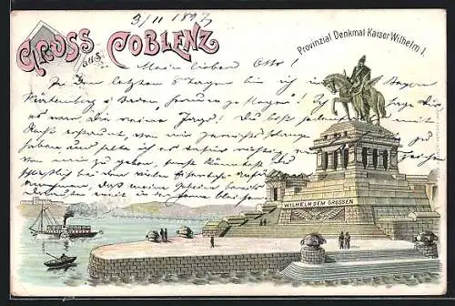 Lithographie Coblenz, Provinzial Denkmal Kaiser Wilhelm I.