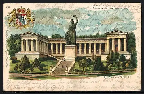 Lithographie München, Bavaria mit Ruhmeshalle