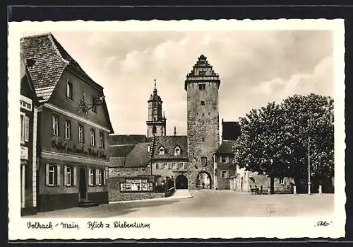 AK Volkach /Main, Gasthof zum Lamm mit Blick zum Diebenturm