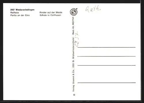 AK Westoverledingen, Rathaus, Rinder auf der Weide, Partie an der Emms, Schule in Collhusen
