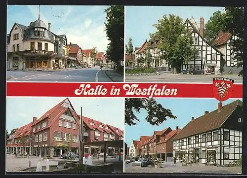 AK Halle in Westfalen, Strassenpartie mit Geschäften, Fachwerkhaus, Ortspartie