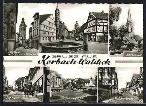 AK Korbach-Waldeck, Rathaus mit Brunnen, Nikolaikirche, Bahnhofstrasse