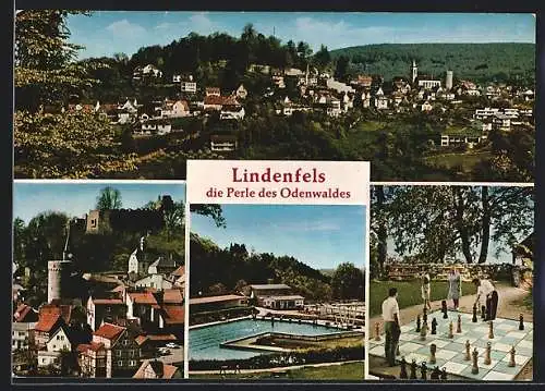 AK Lindenfels /Odenwald, Ortsansicht mit Freibad und grosses Schachbrett