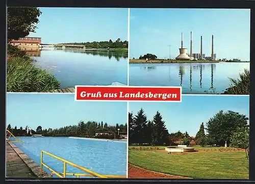 AK Landesbergen /Weser, Fabriken, Schwimmbad, Uferpartie