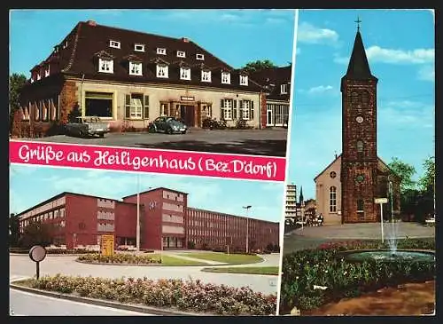 AK Heiligenhaus /Bez. Düsseldorf, Hotel Parkhaus, Geschäftshaus Hartmann und Braun, Evangelische Kirche