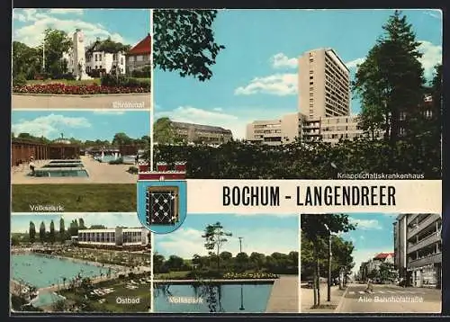 AK Bochum-Langendreer, Strassenpartie mit Bank für Gemeinwirtschaft, Knappschaftskrankenhaus, Ostbad