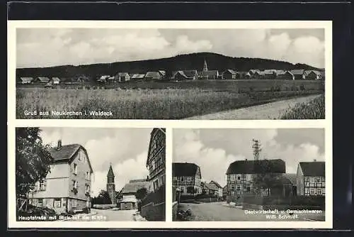 AK Neukirchen i. Waldeck, Gasthaus und Gemischtwarengeschäft Willi Schmidt, Hauptstrasse mit Blick auf die Kirche