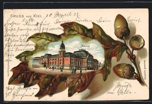 Passepartout-Lithographie Kiel, Bahnhof im Eichenblatt