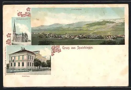 AK Spaichingen, Totalansicht, Stadtpfarrkirche, Schulhaus