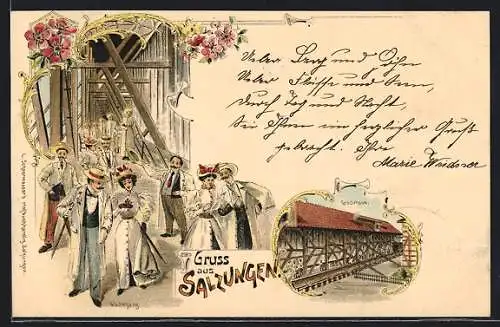 Lithographie Salzungen, Gradierhaus, Gradiergang