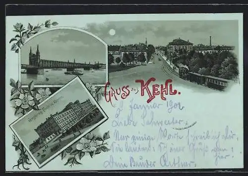 Mondschein-Lithographie Kehl, Grossherzog Friedrich-Kaserne, Brücke, Strassenpartie mit Strassenbahn