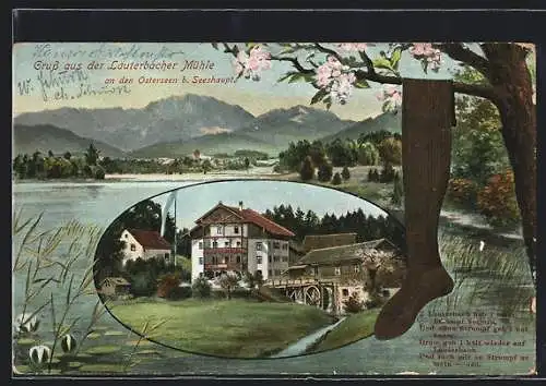 Passepartout-AK Seeshaupt, Lauterbacher Mühle an den Osterseen, Strumpf hängt über einem Ast