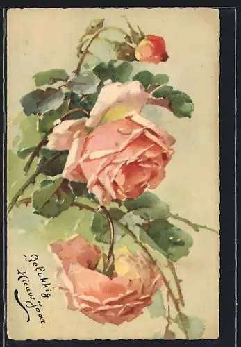 Künstler-AK Catharina Klein: Rosa Rosen mit Blattwerk