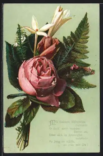 Präge-AK Rosafarbene Rose mit Lilien