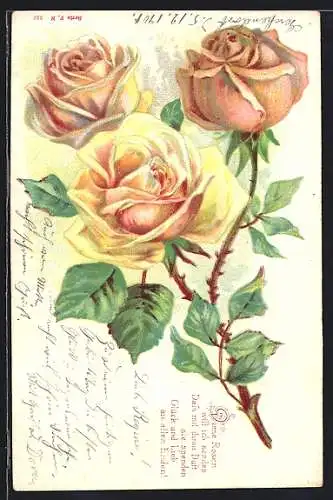 AK Rosafarbene und gelbe Rosen