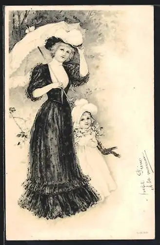 Lithographie Frau mit Schirm mit ihrem Kind