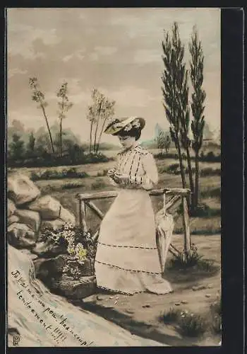AK Junge Frau im Kleid mit Schirm