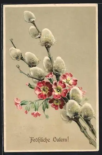 Präge-AK Weidenkätzchen mit Blüten, Ostergruss