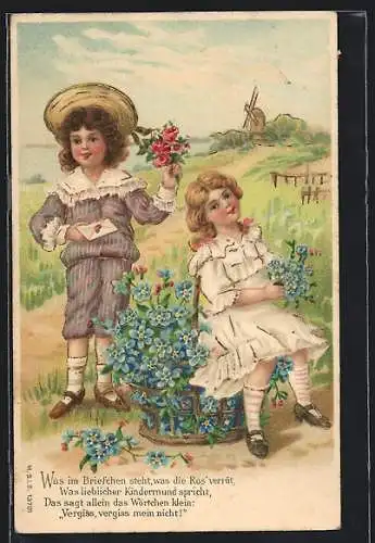 AK Zwei Kinder nebst einem Korb voller Blumen zum Geburtstag