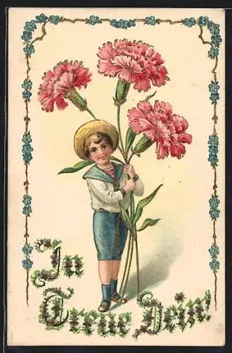 Präge-AK Junge im Matrosenanzug mit Nelken